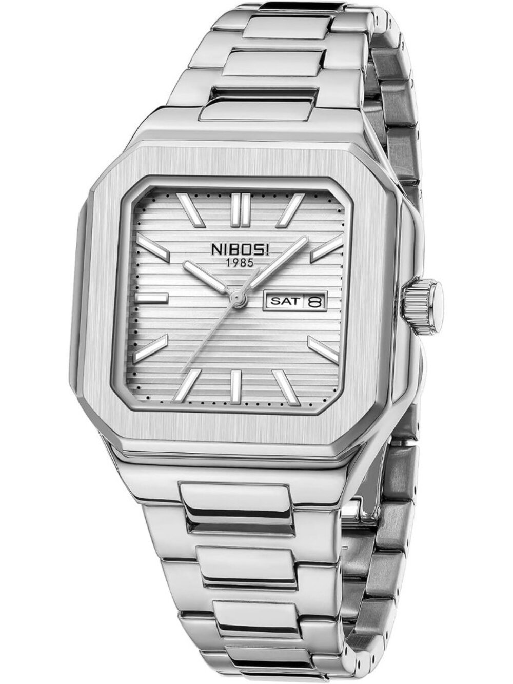 Nibosi Men's Silver Analog Quartz Stainless Steel Waterproof Date Square Watch